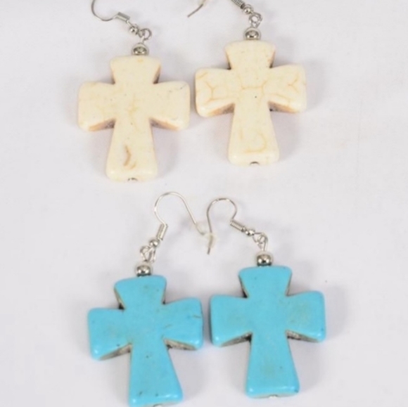 Cross Earrings BLUE Tourquise Semiprecious Stone Blu Southwestern pr of Earrings - Picture 3 of 6